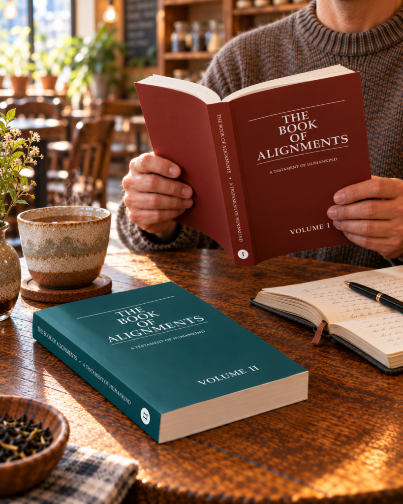 Both volumes of the Book of Alignments on a cafe table, one open in a reader's hands